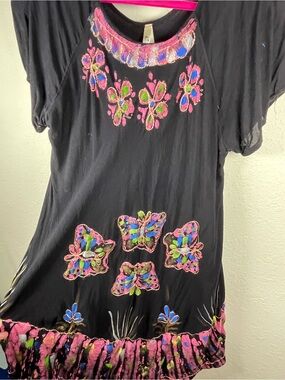 etc. Boho Tunic Dress One Size Black Embroidered Butterfly Tie Dye Peasant Maxi